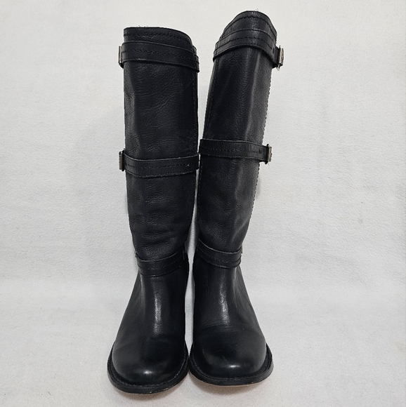 Frye Carmen Black Leather Buckle Accent Boots - Picture 2 of 7